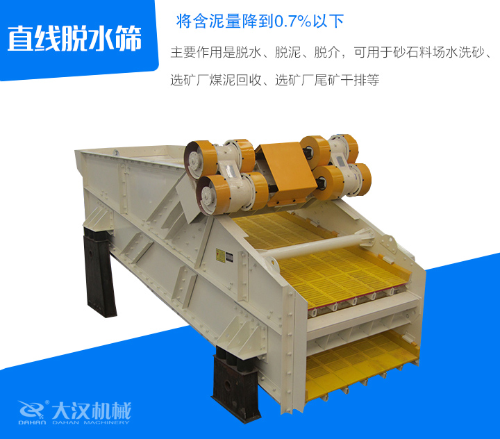 直线脱水筛主要作用是脱水、脱泥、脱介，可用于砂石料场水洗砂、 选矿厂煤泥回收、选矿厂尾矿干排等